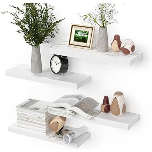 Wall Mounted Floating Shelves, 4 Sets Modern Wall Shelves for Bedroom with Invisible Brackets, Display Shelves for Wall Decor, Wall Shelf for Bathroom, Kitchen, Living Room – White