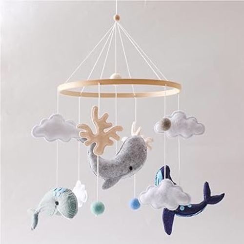 Baby Mobile for Crib丨Baby Nursery Mobiles丨Handmade Felt Ocean Animal Mobile for Crib Baby Boys and Girls丨Woodland Nursery Decor for Infant Bedroom Hanging丨 Gender Neutral Baby Stuff(Whales)