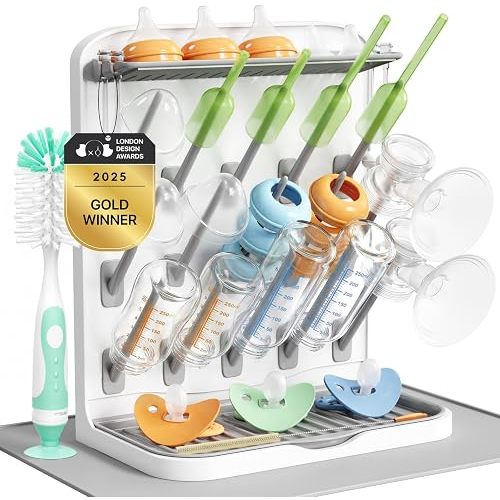 Lifewit Large Baby Bottle Drying Rack with Drain Mat, Brush & 15 Hooks, Newborn Essentials Must Haves, Bottle Storage Organizer for Countertop, Cabinet, Rack Dryer Holder for Pacifiers, Pump Parts