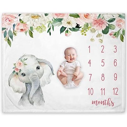 Floral Elephant Baby Monthly Milestone Blanket, Jungle Elephant Girl's Soft Fleece Monthly Milestone Blanket , Girl Elephant Nursery Infant Newborn, Includes Marker (White, 50x40 inch )