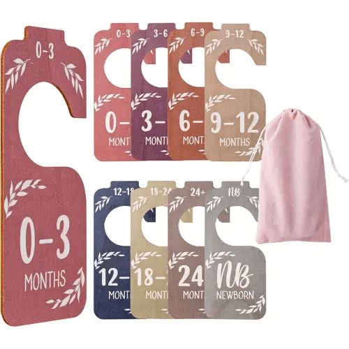 8pcs Baby Closet Dividers with Flannel Bag, Wooden Baby Closet Dividers Infant Clothes Hanger Separators Baby Clothes Organizer Nursery Hanger Dividers for Home Nursery