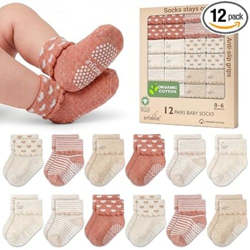 GOTS Certified Organic Cotton Infant Baby Socks 12 Pair For 0-6 (M) Baby Boy Soft, Stretchable & Comfortable Infant Socks, Premium Boys Cotton Socks, Gift for Newborn Boys, Peach & Beige