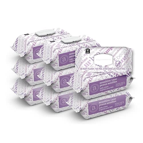 Amazon Elements Baby Wipes, Sensitive, Unscented, Cleans Gently, 810 Count, Flip-Top Packs, Pack of 9