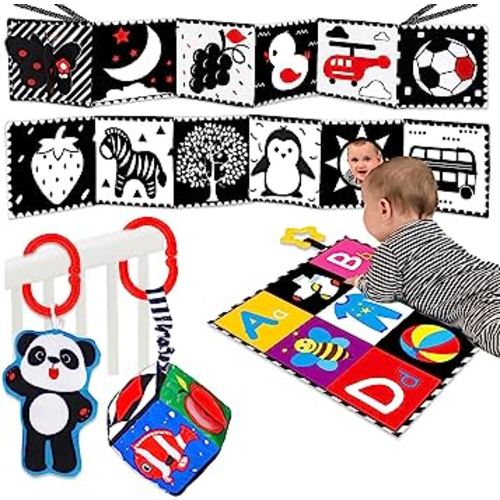 4 PCS Black and White High Contrast Baby Toys 0-3-6 Months Newborn Essential Montessori Toys for Babies Crinkle Sensory Book for Brain Development Tummy Time Mirror Infant Carseat Rattle 9 Month Gift