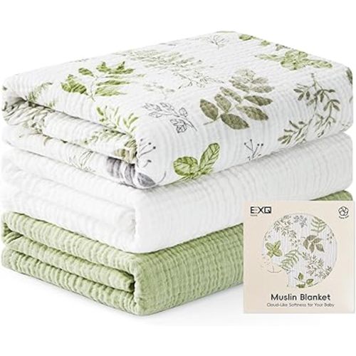EXQ Home Muslin Swaddle Blankets for Baby, 3 Pack Cotton Breathable Soft Receiving Blankets for Newborn Boys and Girls, Baby Essentials & Gift, 38x40 inches(Spring Leaves)
