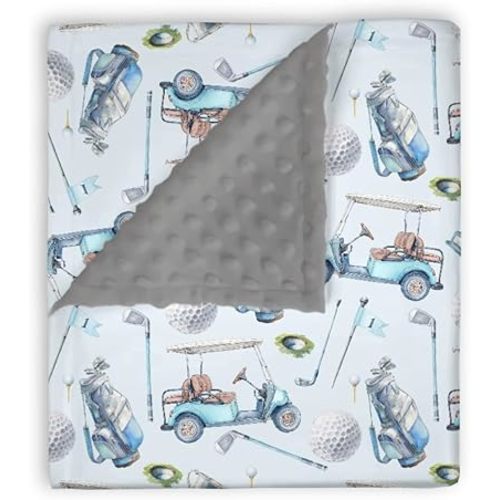Mink Baby Boy Blankets Blue Golfing Sport Game, Golf Gear Ball Glove Car Stick Soft Double Layer Dotted Backing Receiving Swaddle, Newborn Infant Toddler Nursery Crib Bedding Shower Gift 30x40