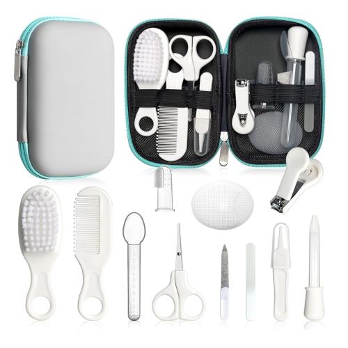 Baby Grooming Kit - Nursery Essentials Baby Registry Shower Gift for Newborns, Infants, Toddlers, Boys, Girls Kids-Safety Baby Comb, Brush, Finger Toothbrush, Nail Clippers, Scissors (Grey White 12 in 1)