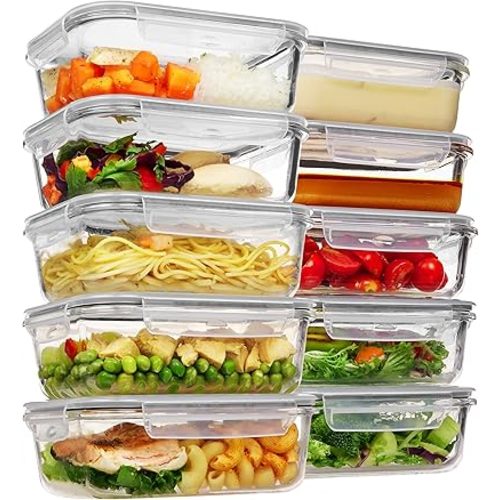 Vtopmart 10Pack (35oz+22oz) Glass Food Storage Containers with Lids, Meal Prep Containers, Airtight Lunch Containers Bento Boxes with Snap Locking Lids, for Microwave, Oven, Freezer and Dishwasher