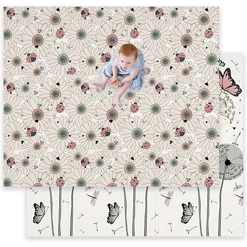 JumpOff Jo Baby Play Mat - Large Folding Foam Play Mat for Infants, Babies, Toddlers, Waterproof, Double-Sided (70" x 59") - Daisy Bug