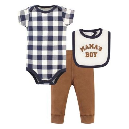 Hudson Baby Infant Boy Cotton Bodysuit, Pant And Bib Set, Brown Navy Mamas Boy, 3-6 Months