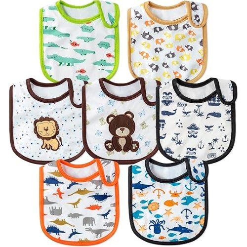 7Pcs Cotton Waterproof Baby Bibs Hook Loop Closure Newborn Bib Keepsake Baby Gift for Drooling Feeding Eating