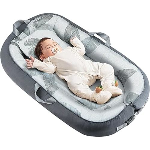 Portable Baby Lounger with 4 Toys,Infant Lounger with Fitness Rack 0-24 Months,Co Sleeping Breathable & Soft 100% Cotton Newborn Lounger Machine-Washable (Baby Lounger)