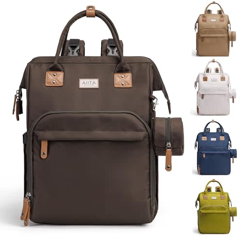 AIITA Diaper Bag Backpack, Multifunction Diaper Bag with Changing Station, Stylish Baby Bags, Large Unisex Diaper Backpack for Mom and Dad, Baby Registry Search, Portable Changing Pad – Black Brown