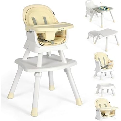 Cowiewie 8 in 1 Baby High Chair for Babies & Toddlers Table and Chair Set Building Block Table Highchair with Safety Harness, Removable Tray(Beige)