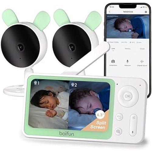BOIFUN Split Screen Video Baby Monitor WiFi, 2 Cameras, Smartphone APP Control & LCD Monitor, AI Motion & Sound Detection, 4.3'' 4X Zoom, 1080P Smart (Monitor para Bebe), Area Alarm, Video Recording