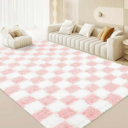 CozyDesg Shag Area Rugs,5'x8' Soft Fluffy Floor Rugs Checkered Carpet,Washable Area Rugs for Living Room Bedroom Decor,Pink & White