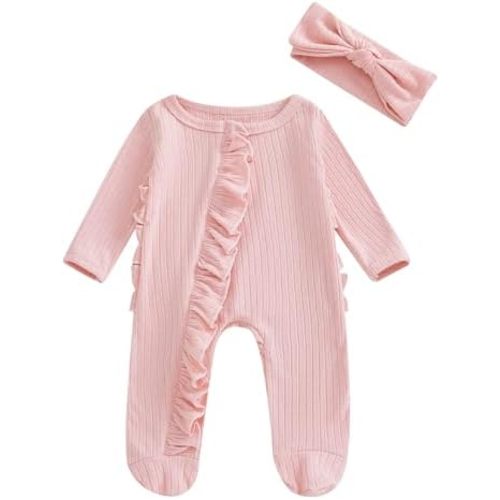 Newborn Infant Baby Girl Clothes Long Sleeve Romper Waffle Ruffle Zip Footie Jumpsuit Fall Winter Outfit With Bow