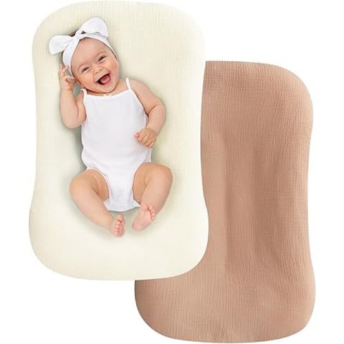 UBBCARE 2 Packs Muslin Baby Lounger Cover, Baby Nest Sleeper Cover for Baby Boys and Girls, Washable Slipcover Fit Infant Lounger, Organic Lounger Cover for Newborn - Beige&Pink