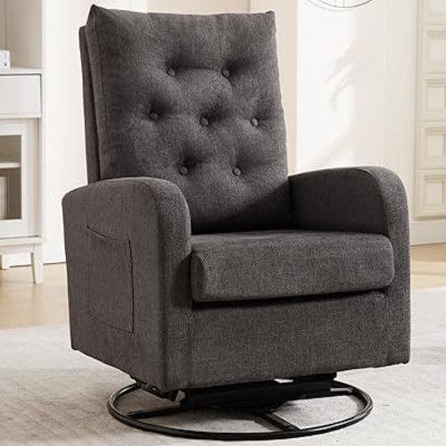 Swivel Rocking Chair Nursery - Glider Modern Accent Chairs Upholstered Rocker Padded Armchair for Indoor Living Room Bedroom (Dark Grey)