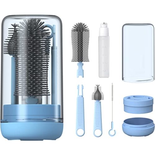 Baby Bottle Brush, Travel Bottle Cleaner Kit with Extendable Silicone Bottle Brush, Nipple Cleaner Brush, Straw Brush, Soap Dispenser, Dust Cap and Stand, Blue