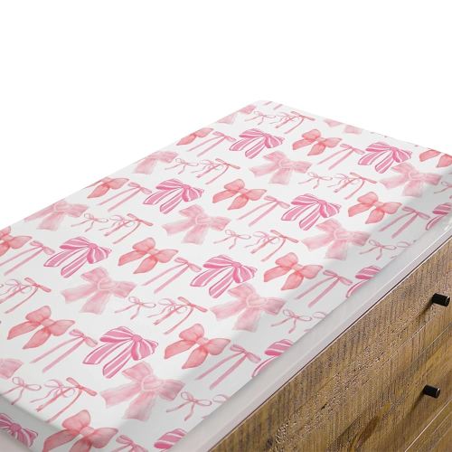 Baby Girls Changing Pad Covers Watercolor Pink Bows, Cute Ribbon Bowknot Safe Snug Fitted Diaper Table Sheet, Soft Breathable Stretchy Change Mat Shower Gift Fit 32 34 x 16