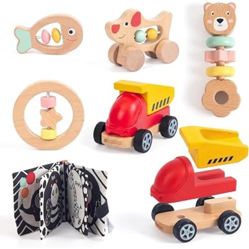 Wooden Rattle for Baby, 6Pcs Montessori Infant Toys Set