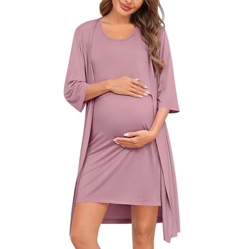 SWOMOG Women Maternity Nursing Gown and 3/4 Sleeve Robe Set Labor Delivery Nightgown Breastfeeding Hospital Bathrobe