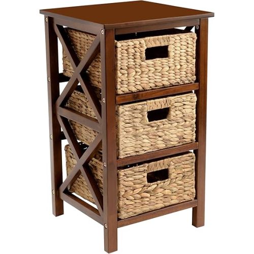 eHemco 3 Tier X-Side End Storage Cabinet with 3 Wicker Baskets, Walnut