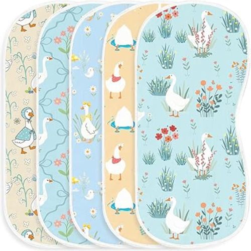 5pcs Goose Burp Cloths for Baby Boys Parent,100% Cotton White Geese Themed Design Burp Rags, Soft Breathable Muslin Burping Cloths Absorbent Spit-Up Cloths for Infant Newborns