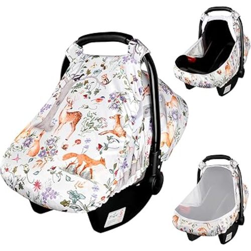 Car Seat Cover Baby Girls Boys, Breathable Infant Car Seat Cover for Newborn, Lightweight Carseat Cover Canopy with Mesh Window, Aniaml