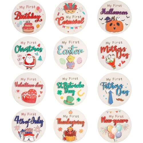 My First Holiday Milestone Signs, 12PCS Baby Holiday Milestone Double-Deck Cards, Wooden Discs Announcement Sign Newborn Photo Props for Baby Shower Party Supplies Gift