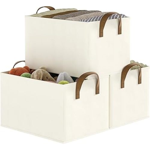Storage Bins for Shelves, 3-Pack Storage Baskets for Closet, Medium Linen Organizers and Storage Bins for Bedroom, Collapsible Baskets and Bins with Handles, Beige
