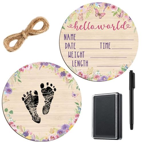 Thyle Baby Announcement Wooden Name Sign for Hospital Birth Double Sided Newborn Welcome Sign with Marker Pen and Ink Pad for Baby Shower Hand Footprints(Butterfly)