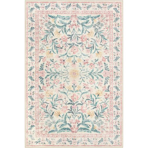 Wonnitar Washable Area Rug 6x9, Pink Floral Rugs for Bedroom Girls Soft Living Room Carpet Ultra-Thin, Boho Non Slip Non-Shedding Pastel Nursery Carpet for Kids Room Playroom Dorm