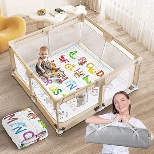 Baby Playpen with Mat, 50x50 Inch Playpens for Babies and Toddlers, Play Pen with Carrying Bag, Play Yard for Indoor and Outdoor with Visible Mesh(Beige Animal)