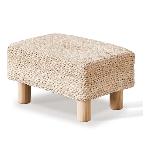 Wimarsbon Natural Seagrass Footstool Ottoman Rectangular Footrest Pouf Ottomans with Wooden Legs Hand Weave Step Stool for Living Room Bedroom Entryway Natural White