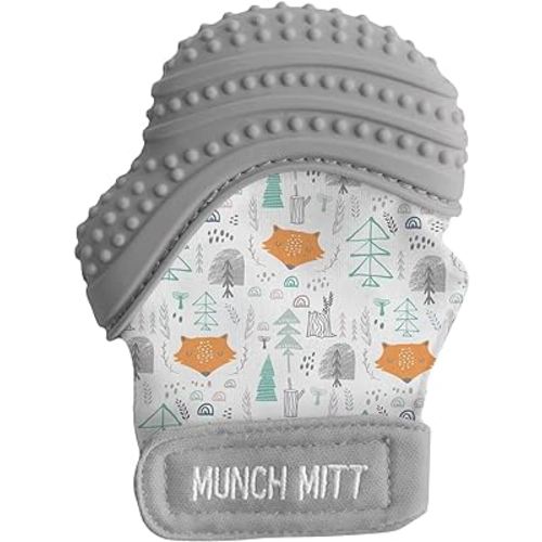 Malarkey Kids Baby Teething Mitten, Munch Mitt Baby Chew Toy - Protects Hands from Chewing & Saliva, Heals Aching Gums, Promotes Sound & Visual Stimulation for Babies Up to 1-Year-Old (Grey Fox)
