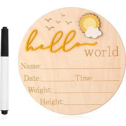 Baby Announcement Sign, 5.83 Inch Wooden Hello World Newborn Sign Cute Welcome Birth Name Plaques Board for Girl Boy Baby Shower Hospital Nursery Photo Prop (Yellow)