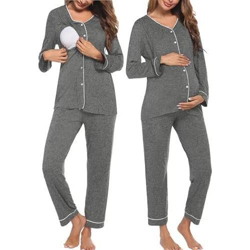 Ekouaer Maternity Pajama Set Button Down Nursing Pajamas Long Sleeve Breastfeeding Loungewear with Adjustable Pants