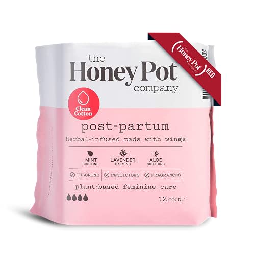 The Honey Pot Company Clean Cotton Postpartum Pads (12 Count), Herbal-Infused, Postpartum and Maternity Pads with Wings, Plant-Derived Feminine & Menstrual Care