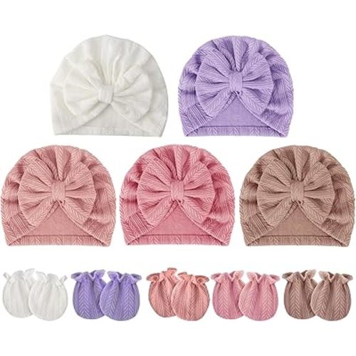 BQUBO Baby Turban Hats and Mittens Set Newborn Infant Hospital Hats Caps with Bows for Baby Boys Girls 0-12 Months