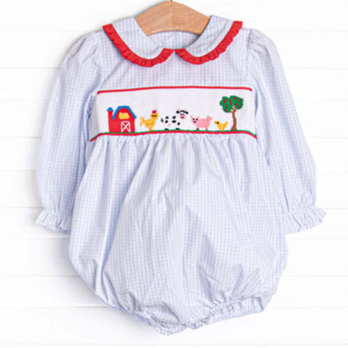 Back at the Farm Smocked Girl Bubble, Blue – Stitchy Fish