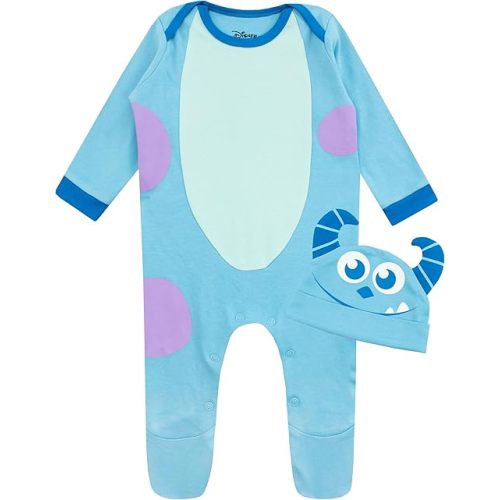 Disney Monsters Inc Baby Onesie With Hat | Monsters Inc Baby Sleepsuit | Sulley Baby Footed Pajamas | Ages 0 to 18 Months