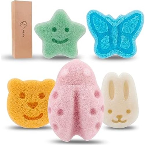 Konjac Baby Sponge Set for Bathing - Natural Soft Bath Sponges for Infants Newborns Toddlers with Cute Cartoon Shapes Safe Organic Kids Baby Bath Loofahs Ideal for Toddler Bath Time (5pcs)