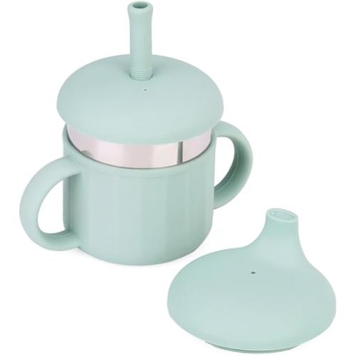 Baby Sippy Cup, Silicone Training Stainless Steel Kid Cups, Break Resistant Straw Lid Cup for Infants 6-12 Month Toddlers and 1-3 Year Kids, 7.4 Oz Water Drinking Cup