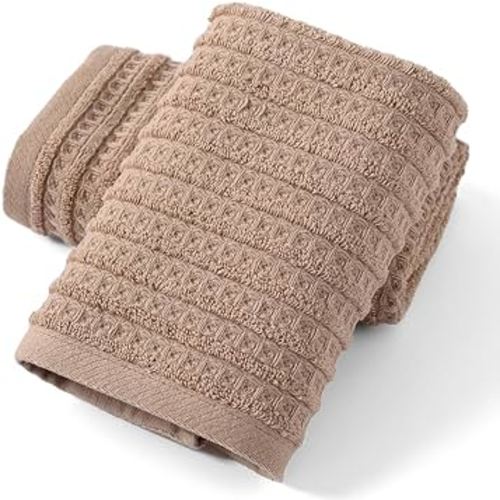 Brown Hand Towel Set of 2 Waffle with Terry Striped Pattern 100% Cotton Ultra Soft Absorbent Towels for Bathroom Kitchen Home 13 x 29 Inch