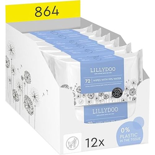 extra large & strong Baby Wipes with 99 % Water, Unscented, Hypoallergenic & Plastic-Free, 12 Flip-Top Packs (864 Wipes Total)
