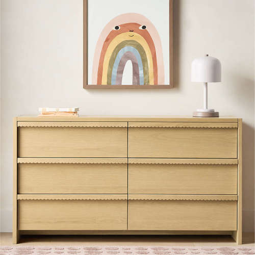 Raya 58" Natural Oak Wood Wide 6-Drawer Kids Dresser