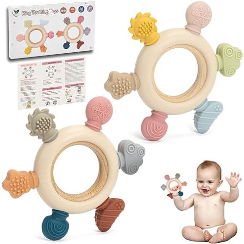 Teething Ring Toys for Babies, 2 Pack Silicone Teether for Baby