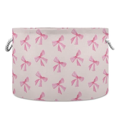Burbuja Pink Bow Round Storage Basket with Cotton Rope Handles, Laundry Basket for Blankets, Toys, Nursery, Living Room Decoration